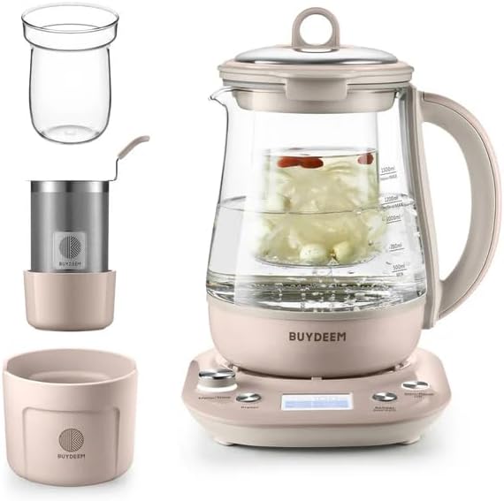 BUYDEEM Health Pot K2763-BA-PK Lite, Glass Electric Kettle for Tea & Coffee, Hot Water Boiler and Wamer with Stew Pot, Temperature Control, Pink, 1.5L by BUYDEEM