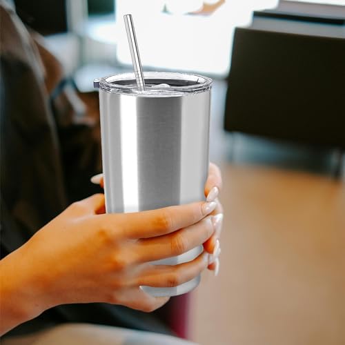 YOUKE OLA 12 Pack Insulated Coffee Tumbler Stainless Steel Double Wall Vacuum Travel Tumbler Cup with Lid and Straw for DIY Gift, Silver 20oz - Image 5