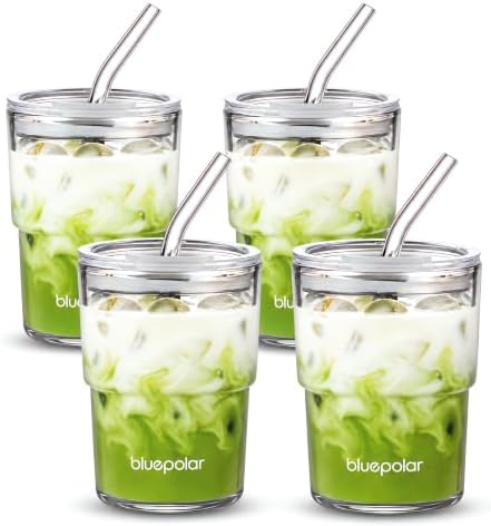 BLUEPOLAR 13oz/400ml Glass Water Tumbler with Straw and Lid Sealed Carry On Thick Wall Iced Coffee Cup Glass Cup for Water, Iced Tea Fruit Juice Etc (White-4 Pack) by BLUEPOLAR