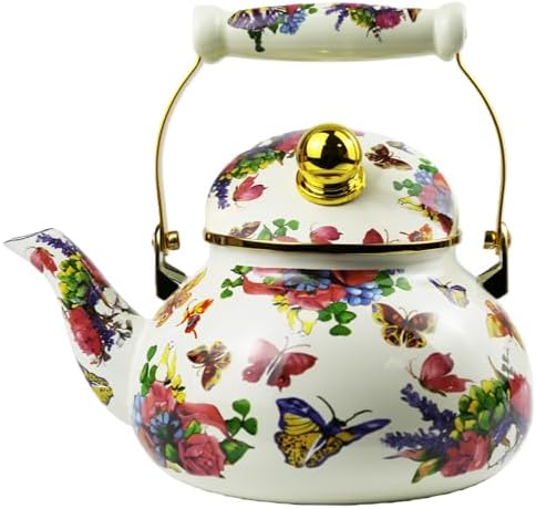 Enamel Tea Kettle 2.6 Quart, Vintage Butterfly Floral Stovetop Teapot - Image 3