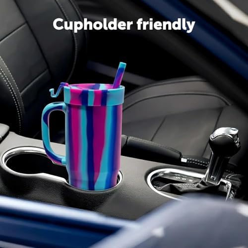 Silipint 32oz Silicone Humbler Tumbler with Handle, Flip Lid and Straw – BPA-Free, Non-Toxic, Unbreakable, Microwave, Dishwasher Safe – Perfect for Tea, Cold Water, Poinsettia Stripe - Pack of 2 - Image 2