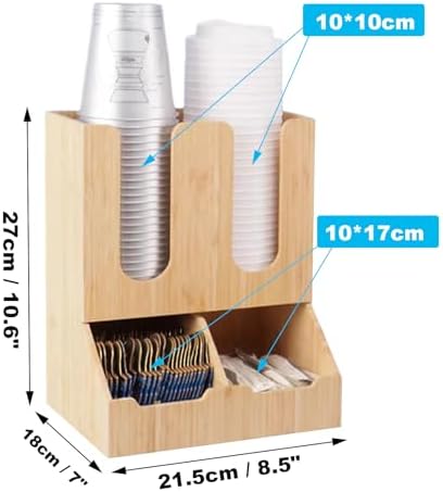 Cup and Lid Holder, Cup Dispenser with Coffee Pods Stand & Straw Organizer, Coffee Bar Organizer for Countertop, Disposable Cups Holder for Coffee Station, Bar, Home,Bamboo 09 - Image 2