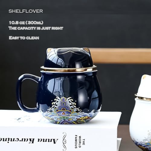 SHELFLOVER Beautiful Dark Blue Tea Cup with Strainer, Easy to Clean Keep Tea Hot Long Porcelain Material, Suit Travel/Office/Home Drink, 10oz (300ml) - Image 4