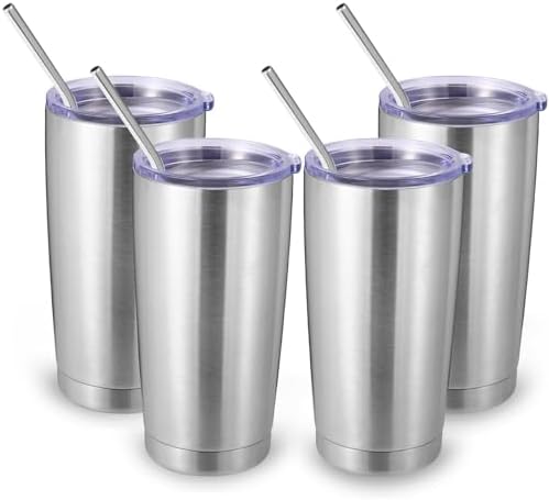 Volhoply 20oz Stainless Steel Tumbler with Lid and Straw Bulk 4 Pack,Double Wall Insulated Travel Iced Coffee Mug Fits Cup Holder,Powder Coated Cups for Hot/Cold Drinks,Christmas Gifts（Silver,4 Set） by LiveFully%EF%BC%8CDrinkFreely%E2%80%94KeepGoingwithVolhoply%EF%BC%81