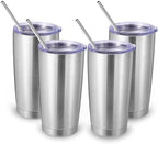 Volhoply 20oz Stainless Steel Tumbler with Lid and Straw Bulk 4 Pack,Double Wall Insulated Travel Iced Coffee Mug Fits Cup Holder,Powder Coated Cups for Hot/Cold Drinks,Christmas Gifts（Silver,4 Set） by LiveFully%EF%BC%8CDrinkFreely%E2%80%94KeepGoingwithVolhoply%EF%BC%81