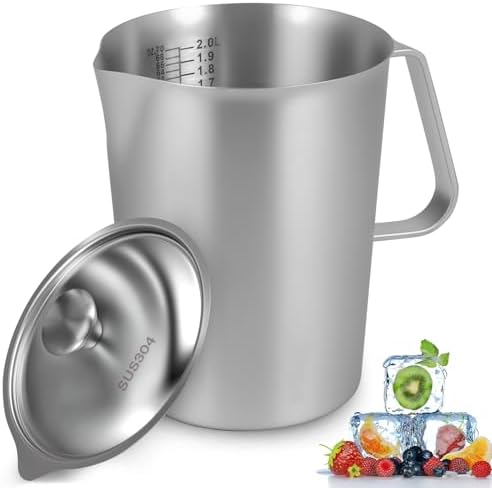 1 Pcs 2L/70 oz Large Stainless Steel Pitcher with Lid, Metal Measuring Cup with Handle & Scales, Wide Mouth Graduated Beakers, Milk Frothing Jug Metal Pitcher for Coffee Latte Art, Hot/Cold Water by Unknown