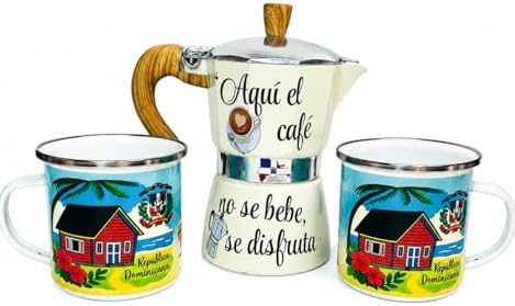 Dominican Republic Stovetop Espresso Maker with 2 Enamel Mugs, White, 11 oz, República Dominicana Theme Coffee Set by Unknown