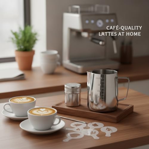 Milk Frothing Pitcher Set with Latte Art Molds, Needle, and Powder Shaker for Home Espresso - Image 2