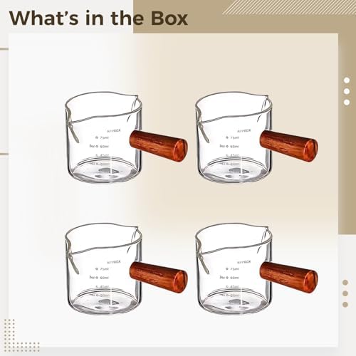 4 Pcs Glass Espresso Extraction Cup with Scale, Double Spout, Mini Milk Jug, Borosilicate Glass, Wood Handle, Precise Pouring and Measuring for Espresso Enthusiasts, Home and Barista Use - Image 5