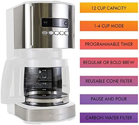 Kenmore drip Coffee Maker - 12 Cup programmable cafe machine with glass pot, regular & bold brew, auto shut off large water reservoir, reusable filter, kitchen appliances for cafeteria barista, White - Image 3