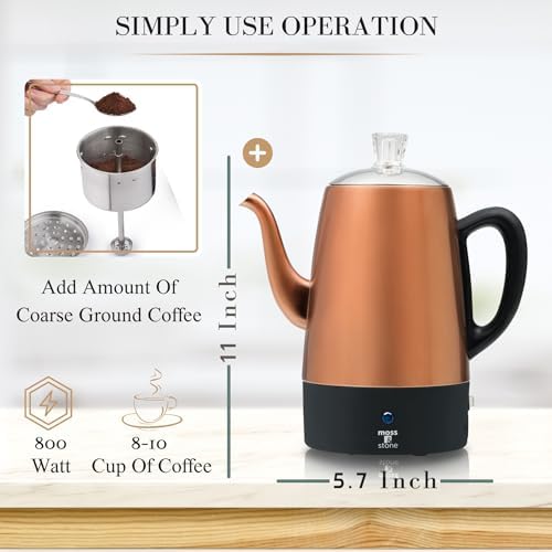 Moss & Stone 10 Cup Copper Electric Percolator Coffee Pot, Stainless Steel - Image 3