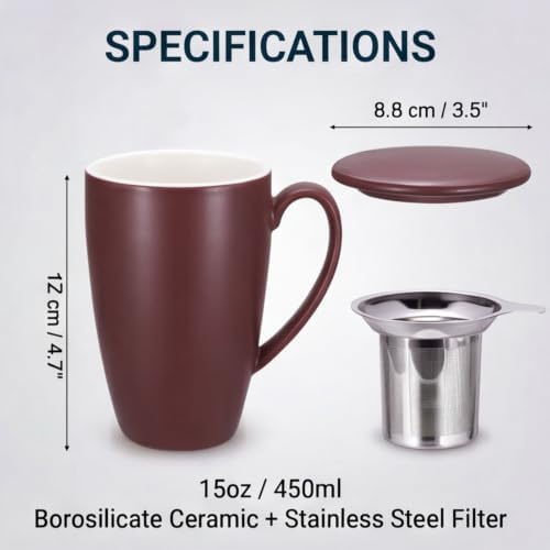 PATIKIL 450 Ml/15 oz Ceramic Tea Infuser Mug with Lid and Stainless Steel Filter | Microwave & Dishwasher Safe Loose Leaf Tea Cup for Office Home Gift, Brownish-red - Image 6