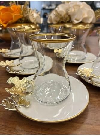 SODEF Tea Set 12 Piece Butterfly Design Porcelain Saucer Glass Cup for 6 People Gift - White - Image 2