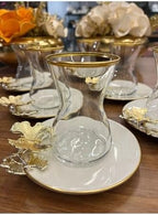 SODEF Tea Set 12 Piece Butterfly Design Porcelain Saucer Glass Cup for 6 People Gift - White - Image 2