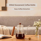 Pour Over Kettle, 350ml Glass Gooseneck Kettle, High Borosilicate Coffee and Tea Pot with Stable Effluent, Round Wood Handle, Fully Extract Coffee Tool - Image 2