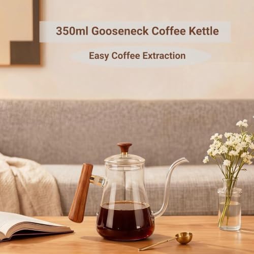 Pour Over Kettle, 350ml Glass Gooseneck Kettle, High Borosilicate Coffee and Tea Pot with Stable Effluent, Round Wood Handle, Fully Extract Coffee Tool - Image 2