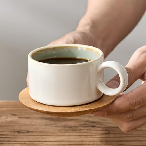 LUKA 6 Ounce Porcelain Stackable Espresso Cups with Saucers and Metal Stand Set of 4, Ceramic Cappuccino Cups Set for Specialty Coffee Drinks, Latte, Cafe Mocha and Tea, White Green Interior - Image 7