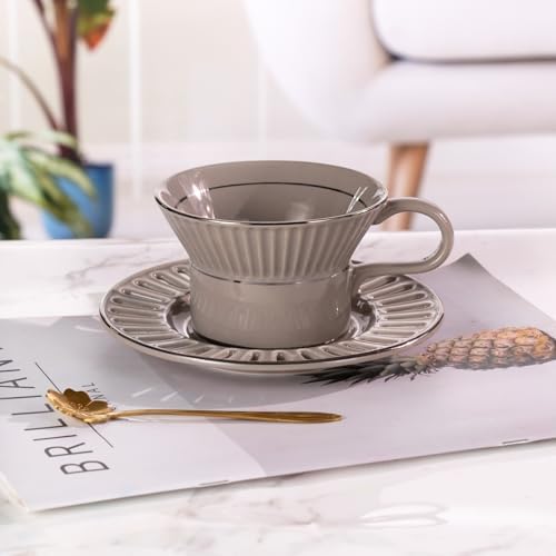 Tea Cups and Saucers Set of 2, 6.7oz Stackable Porcelain Coffee Cup, YFH6+7 - Image 5