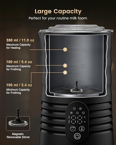 Milk Coffee Frother Steamer,Temperature Display, 350lm, Burn-Free Base, Easy To Clean, 96% High Foam Rate,Ultra-Quiet Operation,Electric Cold Foam Maker Machine,Hot Chocolate Frother - Metallic black - Image 6