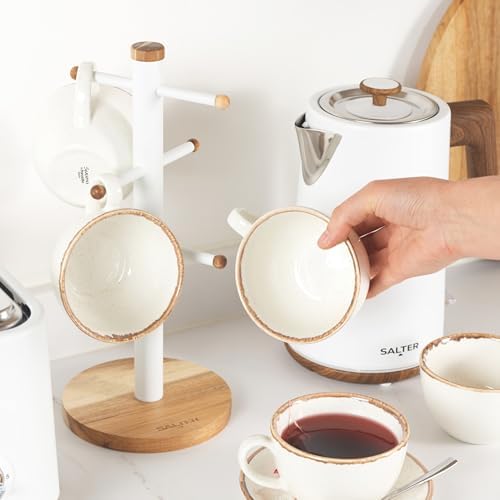 Salter BW13566WEU7 Toronto Mug Tree – Acacia Wood Cup Holder for Kitchen Countertop Tabletop, 6 Branch Display Stand for Coffee Mugs/Tea Cups, Freestanding Sturdy Steel Storage Rack, White - Image 4