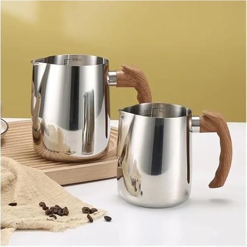 2pcs Stainless Steel Milk Frothing Pitcher Set with Wooden Handle - Precision Scale Latte Art Coffee Mugs (Black) - Image 5