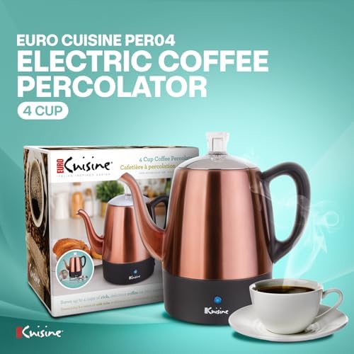 Euro Cuisine PER04 Stainless Steel Electric Coffee Percolator, 4 Cup, Polished Copper Finish, Dripless Gooseneck Spout, Clear Glass Knob, Brewing Indication, Keep-Warm Function, Detachable Cord - Image 2