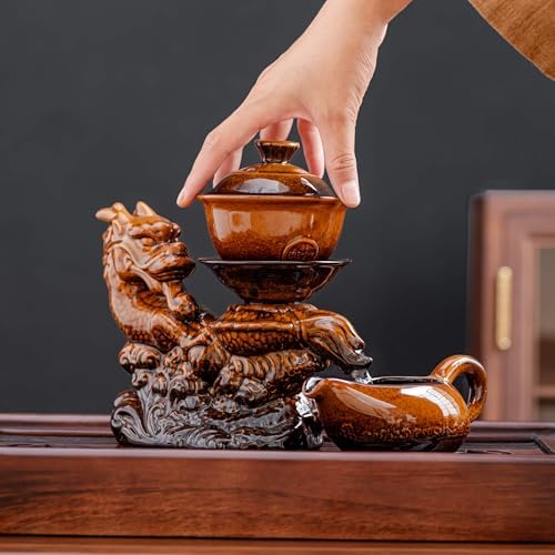 Ceramic Teapot with Infuser Semi Automatic Tea Set Magic Teapot with 8 cups Gradient Color (Yellow Dragon- B) - Image 4