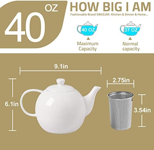 Sweejar Ceramic Tea Pots,40OZ Porcelain Teapot with Infuser (White) - Image 5