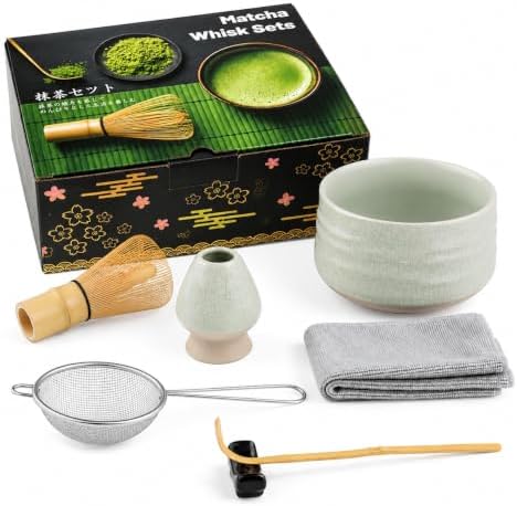 Matcha Whisk Set 7 Piece, Crackle Grey Green Bowl & Bamboo Whisk, Holder & Accessories – Japanese Matcha Tea Set by Lafefe