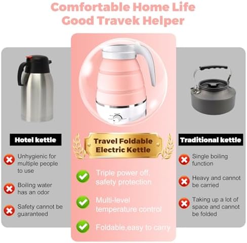 Qivine Collapsible Travel Kettle, Silicone Portable Water Boiler Kettle Electric 600ML, Foldable Electric Pot for Boiling Water, Small Camping Kettles for Tea Coffee with 2 Cups (Pink) - Image 5