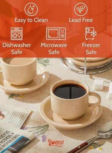 Sweese Porcelain Espresso Cups Set, 2.5 oz, Stackable with Saucers Metal Stand, Beige, 4 Pack - Image 3