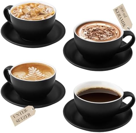 Yundu Matte Black Cappuccino Cups Set of 4-10oz Ceramic Latte Mugs with Saucers, Elegant Espresso Cups for Coffee & Tea by YunduHome