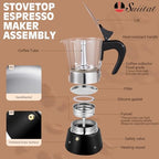 6 Cup 300ml Glass Moka Pot, Stovetop Espresso Maker, Black - Image 2