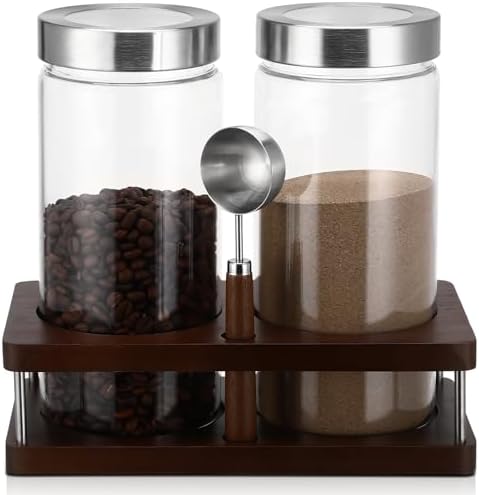Suclain Glass Coffee Grounds Container with Shelf 2 x 44 oz Glass Coffee Bean Storage Canisters with Airtight Thread Lid and Measuring Spoon for Kitchen Sugar(Modern Style, Stainless Steel) by Suclain