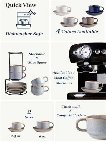 Gomakren 6oz Stackable Cappuccino Cups Set of 4 with Saucers & Stand, Gray - Image 2