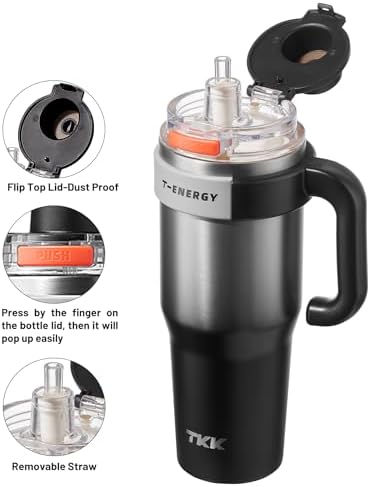 TKK 40 oz Insulated Tumblers with Handle and Straw, Stainless Steel Travel Mug with Ceramic Coating, Leak Proof Double Walled Iced Coffee Cup with Strainer for Hot & Cold Drinks,SteelBlack - Image 2