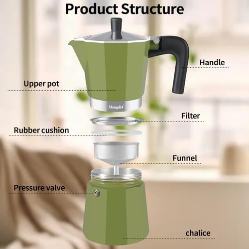 Mongdio Stovetop Espresso Maker Moka Pot, Stove Top Cuban Coffee Maker, Italian Greca Mocha Pot, 12 Espresso Cups, 20 oz - Green - Image 3