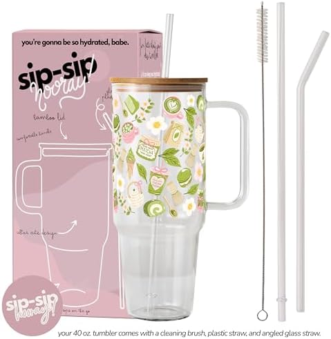 Sip-Sip Hooray! Matcha Moments 40oz Glass Tumbler with Lid and Straw - Image 2