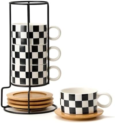 LUKA 6 Ounce Ceramic Stackable Black and White Checkered Espresso Cups with Saucers and Metal Stand Set of 4, Cappuccino Cups Set for Coffee Drinks, Latte, Cafe Mocha and Tea, White Interior by LUKA