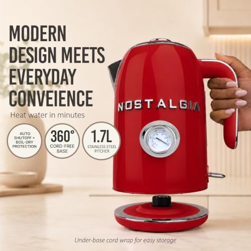 Nostalgia Retro Electric Kettle,1.7L Enamel-Coated Stainless Steel - Red - Image 2