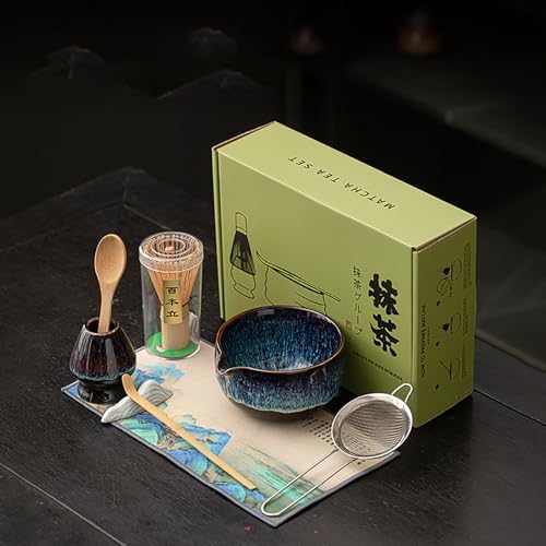 Matcha Whisk Set, 8-Piece Yohen Ceramic Set with Galactic Glaze Bowl, Bamboo Whisk & Sifter for Unique Tea Experience (1) by Unknown