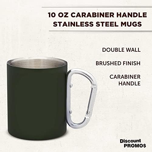 DISCOUNT PROMOS Stainless Steel Mugs with Carabiner Handle 10 oz. Set of 10, Bulk Pack - Perfect for Coffee, Soda, Other Hot & Cold Beverages - Army Green - Image 3