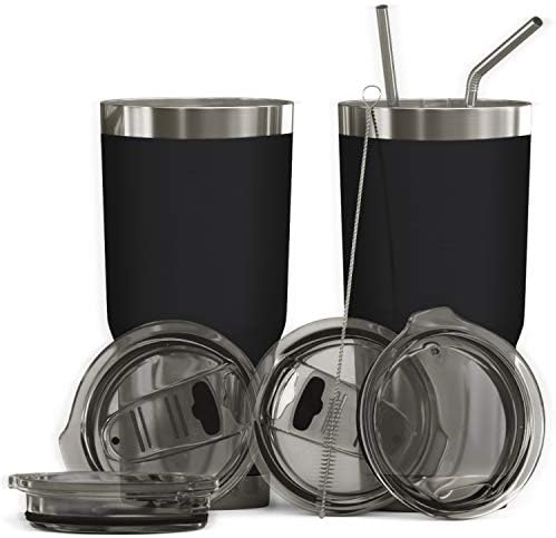 BluePeak Double Wall Vacuum Stainless Steel Insulated Tumblers Set, 2-Pack - Includes 2 Sipping Lids, 2 Spill-Proof Sliding Lids, 2 Straws, 1 Cleaning Brush & Gift Box (30 oz, Black) by BluePeak