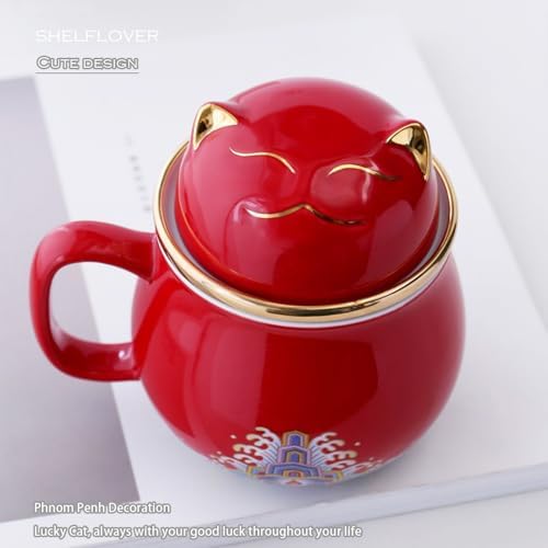 SHELFLOVER Beautiful Tea Mug Portable, White Porcelain Easy to Clean Keep Tea Hot Long, Easy Carried Travel/Office/Home Drink, Cute Cat, Red, 10oz - Image 7