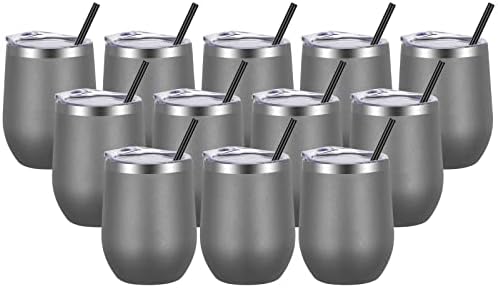 VEGOND Wine Tumblers Bulk 12 Pack, 12oz Stainless Steel Stemless Wine Glass with Lids and Straws, Double Wall Vacuum Insulated Tumbler Cup, Coffee Mug for Cold Hot Drinks by VEGOND
