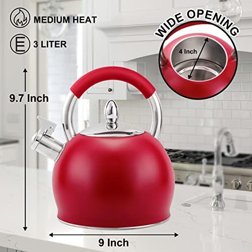 Whistling Tea Kettle for Stove Top Stainless Steel Tea Pot with Ergonomic Silicone Handle Teapot for Stovetop 3.2 Quart / 3 Liter Red - Image 6