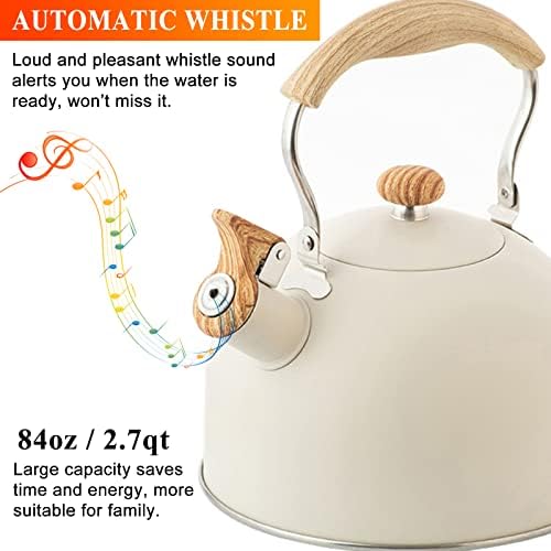 Vilihkc Tea Kettle 2.6 Liter Whistling Tea Kettle, Tea Pots for Stove Top Food Grade Stainless Steel with Wood Pattern Folding Handle, Loud Whistle Kettle for Tea, Coffee, Milk - Image 5