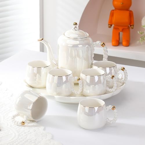 White,B, Coffee Cup Set,Pearl White Porcelain Tea Sets, Pearl Handle Design Tea Cup Set, with Teapot Teacups Tea Plate, Tea Set for Tea/Coffee - Image 3