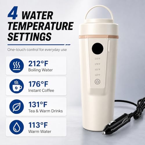 Car Electric Kettle 12V/24V Dual Voltage, Portable Travel Electric Kettle for Road Trips, Mini Small Water Boiler with 4 Temp Control, 316 Stainless Steel,16oz(Beige) - Image 4