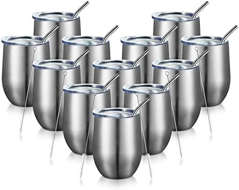 COMOOO 12oz Insulated Wine tumbler with Lid, Stainless Steel Stemless Wine Tumbler Glass,Double Wall Vacuum Wine Tumbler Cups with Straw for Coffee, Cocktails,Beer,Champaign Silver, 12 pack by COMOOO